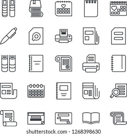 Thin Line Icon Set - book vector, document search, pen, notepad, calendar, printer, contract, medical, news, copybook, schedule