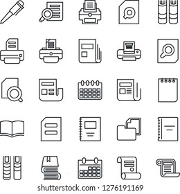 Thin Line Icon Set - book vector, document search, pen, notepad, calendar, printer, contract, folder, news, copybook
