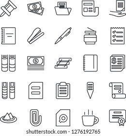 Thin Line Icon Set - book vector, notepad, document, coffee, contract, plant label, cash, receipt, clipboard, copybook, drawing pin, paper clip, news, folder, search, checklist, tray, copier, pen