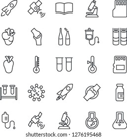 Thin Line Icon Set - book vector, blood test vial, dropper, microscope, ampoule, real heart, joint, virus, satellite, sd, thermometer, rocket, flask