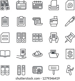 Thin Line Icon Set - book vector, office binder, document, drawing pin, plant label, receipt, clipboard, folder, search, paper, tray, copier, pen, serviette, calendar, certificate, contract