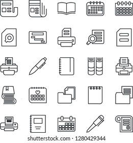 Thin Line Icon Set - book vector, document search, pen, notepad, calendar, printer, medical, folder, news, copybook, schedule, contract