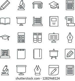Thin Line Icon Set - book vector, calculator, graduate, abacus, desk, notepad, presentation board, contract, microscope, notes, copybook, ink pen, pencil