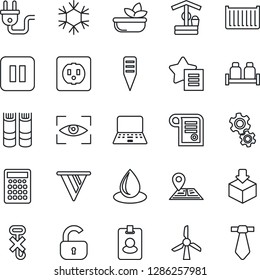 Thin Line Icon Set - book vector, notebook pc, water drop, well, plant label, navigation, cargo container, no hook, package, favorites list, pause button, lock, salad, salt and pepper, socket, gear