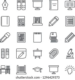 Thin Line Icon Set - book vector, calculator, graduate, abacus, desk, notepad, presentation board, pencil, microscope, notes, copybook, paper clip, ink pen, shining head