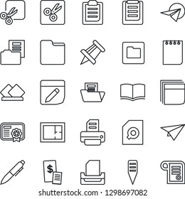 Thin Line Icon Set - book vector, pen, notepad, drawing pin, printer, plant label, clipboard, folder, notes, cut, document, search, blank box, paper tray, plan, restaurant receipt, serviette, plane