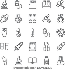Thin Line Icon Set - book vector, blood test vial, dropper, microscope, ampoule, real heart, joint, virus, satellite, sd, thermometer, rocket, flask