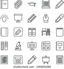 Thin Line Icon Set - book vector, calculator, graduate, abacus, desk, notepad, presentation board, pencil, microscope, notes, copybook, paper clip, ink pen, shining head