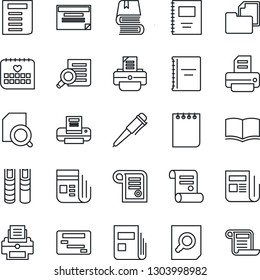 Thin Line Icon Set - book vector, document search, pen, notepad, printer, contract, medical calendar, folder, news, copybook, schedule