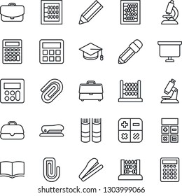 Thin Line Icon Set - book vector, calculator, graduate, abacus, presentation board, microscope, case, paper clip, pencil, stapler