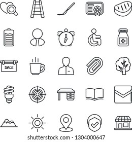 Thin Line Icon Set - book vector, desk, ladder, tree, sun, heart diagnostic, pills bottle, scalpel, disabled, shield, battery, user, alarm, mail, place tag, paper clip, target, mountains, sale