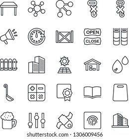 Thin Line Icon Set - book vector, calculator, satellite, container, no hook, settings, share, fingerprint id, sertificate, office building, sun panel, warehouse, fence, table, beer, open close