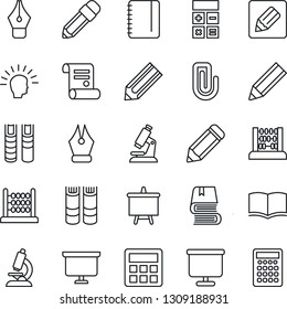 Thin Line Icon Set - book vector, calculator, abacus, notepad, presentation board, pencil, contract, microscope, notes, paper clip, ink pen, shining head