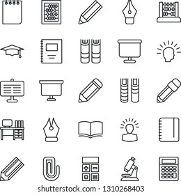 Thin Line Icon Set - book vector, calculator, graduate, abacus, desk, notepad, presentation board, pencil, microscope, copybook, paper clip, ink pen, shining head