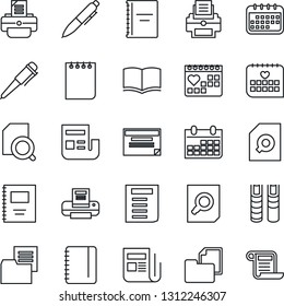 Thin Line Icon Set - book vector, document search, pen, notepad, calendar, printer, medical, folder, news, copybook, schedule, contract