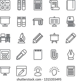 Thin Line Icon Set - book vector, calculator, desk, notepad, presentation board, pencil, contract, microscope, notes, paper clip, ink pen, shining head
