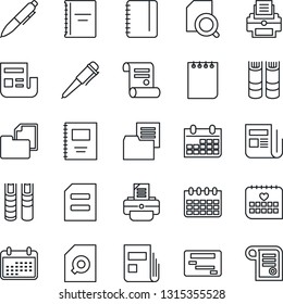 Thin Line Icon Set - book vector, pen, notepad, document, calendar, printer, contract, medical, folder, news, copybook, search, schedule