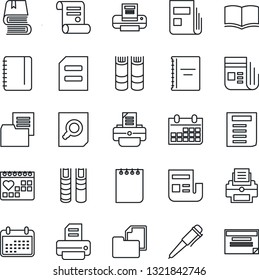 Thin Line Icon Set - book vector, document search, pen, notepad, calendar, printer, contract, medical, folder, news, copybook, schedule