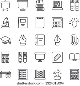 Thin Line Icon Set - book vector, calculator, graduate, abacus, desk, notepad, presentation board, microscope, notes, copybook, paper clip, ink pen, shining head