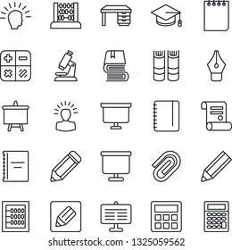 Thin Line Icon Set - book vector, calculator, graduate, abacus, desk, notepad, presentation board, pencil, contract, microscope, notes, copybook, paper clip, ink pen, shining head