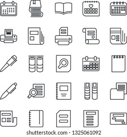 Thin Line Icon Set - book vector, document search, pen, notepad, calendar, printer, contract, medical, folder, news, copybook, schedule