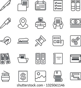 Thin Line Icon Set - book vector, office binder, pen, document, printer, pin, cash, receipt, folder, gallery, cut, copybook, drawing, news, checklist, copier, stapler, calendar, paper plane