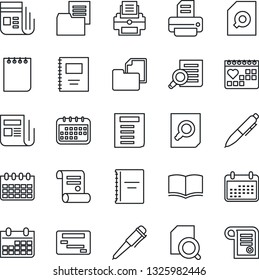 Thin Line Icon Set - book vector, document search, pen, notepad, calendar, printer, contract, medical, folder, news, copybook, schedule