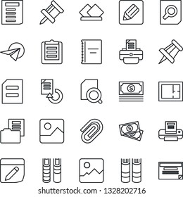 Thin Line Icon Set - book vector, document search, drawing pin, reload, printer, cash, clipboard, gallery, notes, copybook, paper clip, folder, plan, serviette, plane, schedule