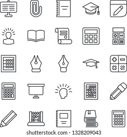 Thin Line Icon Set - book vector, calculator, graduate, abacus, presentation board, contract, notes, copybook, paper clip, ink pen, pencil, shining head