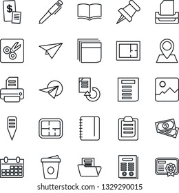 Thin Line Icon Set - book vector, notepad, document, coffee, calendar, reload, printer, plant label, pin, cash, paper, gallery, cut, clipboard, folder, blank box, tray, contract, pen, plan, plane