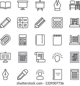 Thin Line Icon Set - book vector, calculator, abacus, desk, notepad, presentation board, pencil, contract, copybook, paper clip, ink pen, shining head