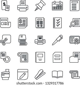 Thin Line Icon Set - book vector, document search, pen, calendar, reload, printer, receipt, paper pin, notes, cut, copybook, news, folder, checklist, copier, contract, stapler, restaurant