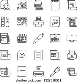 Thin Line Icon Set - book vector, document search, pen, notepad, printer, contract, medical calendar, news, copybook
