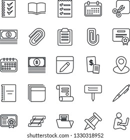 Thin Line Icon Set - book vector, drawing pin, contract, plant label, cash, notes, cut, clipboard, copybook, paper clip, document folder, blank box, checklist, tray, pen, restaurant receipt
