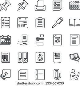 Thin Line Icon Set - book vector, office binder, pen, document, drawing pin, calendar, reload, cash, receipt, cut, clipboard, copybook, paper clip, checklist, tray, copier, contract, restaurant