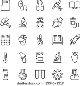 Thin Line Icon Set - book vector, blood test vial, dropper, microscope, ampoule, real heart, joint, virus, satellite, sd, thermometer, rocket, flask
