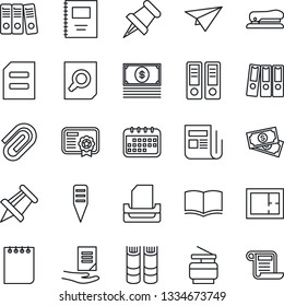 Thin Line Icon Set - book vector, office binder, document search, notepad, drawing pin, plant label, cash, news, paper, copybook, clip, tray, copier, stapler, plan, calendar, plane, certificate