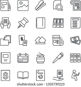 Thin Line Icon Set - book vector, pen, notepad, document, reload, cash, receipt, folder, news, paper pin, gallery, copybook, search, binder, copier, stapler, restaurant, serviette, calendar