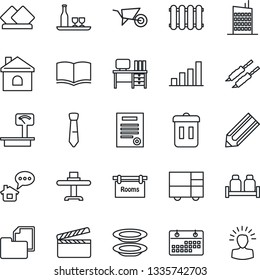 Thin Line Icon Set - book vector, desk, pencil, wheelbarrow, house, consolidated cargo, folder document, heavy scales, clapboard, calendar, bar graph, tie, contract, rooms, city, alcohol, plates