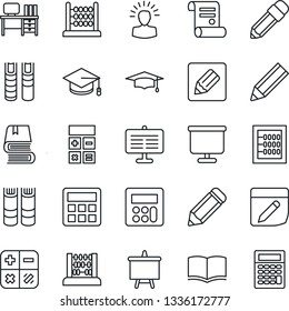 Thin Line Icon Set - book vector, calculator, graduate, abacus, desk, presentation board, pencil, contract, notes, shining head