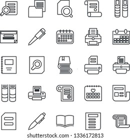 Thin Line Icon Set - book vector, document search, pen, calendar, printer, contract, medical, folder, copybook, news, schedule