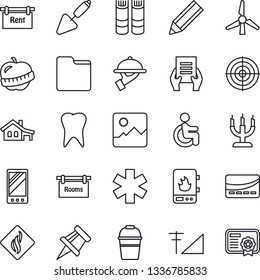 Thin Line Icon Set - book vector, document, trowel, bucket, ambulance star, disabled, tooth, diet, mobile, gallery, folder, cellular signal, drawing pin, target, pencil, house with garage, windmill