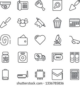 Thin Line Icon Set - book vector, document search, trowel, lawn mower, garden light, heart, microscope, pills bottle, term, speaker, group, low battery, mail, office phone, sale, moving, ham, chip