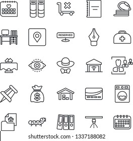 Thin Line Icon Set - book vector, desk, money bag, drawing pin, hose, caterpillar, doctor case, medical calendar, no trolley, place tag, eye id, copybook, hr, ink pen, paper binder, warehouse