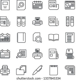 Thin Line Icon Set - book vector, document search, pen, notepad, calendar, printer, medical, folder, news, copybook, contract