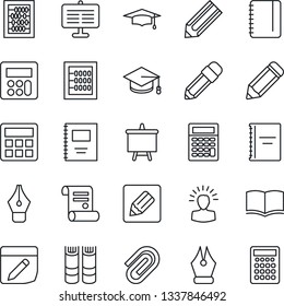 Thin Line Icon Set - book vector, graduate, abacus, notepad, presentation board, pencil, contract, calculator, notes, copybook, paper clip, ink pen, shining head