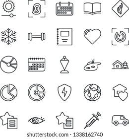 Thin Line Icon Set - book vector, pennant, circle chart, heart, syringe, barbell, eye, term, favorites list, protect, network, brightness, id, copybook, pie graph, house with tree, pond, sweet home