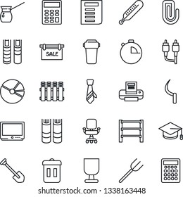 Thin Line Icon Set - book vector, graduate, document, job, farm fork, sickle, thermometer, fragile, rack, tv, rca, stopwatch, paper clip, pie graph, calculator, office chair, printer, tie, sale
