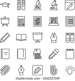 Thin Line Icon Set - book vector, calculator, graduate, abacus, notepad, presentation board, microscope, notes, copybook, paper clip, ink pen, pencil, shining head