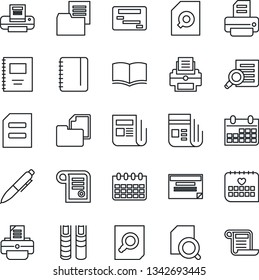 Thin Line Icon Set - book vector, document search, pen, notepad, calendar, printer, medical, folder, news, copybook, schedule, contract